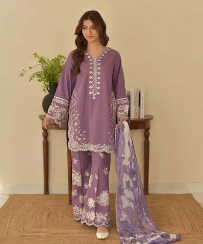 3 Piece Unstitched Heavy Embroidered Lawn Suit with Embroidered Chiffon Dupatta