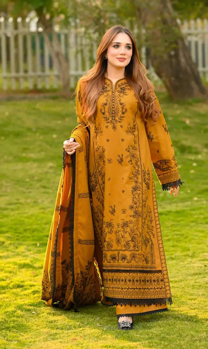 3 Piece Unstitched Heavy Embroidered Lawn Suit with Printed Monaar Slub Dupatta
