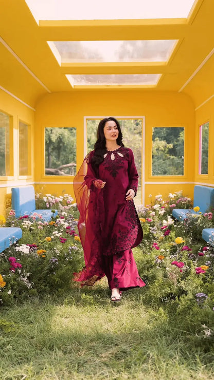 3 Piece Unstitched Heavy Embroidered Lawn Suit with Embroidered Chiffon Dupatta