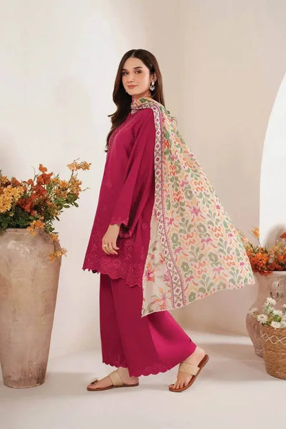 3 Piece Unstitched Heavy Embroidered Chicken Kari Lawn Suit with Printed Chiffon Dupatta