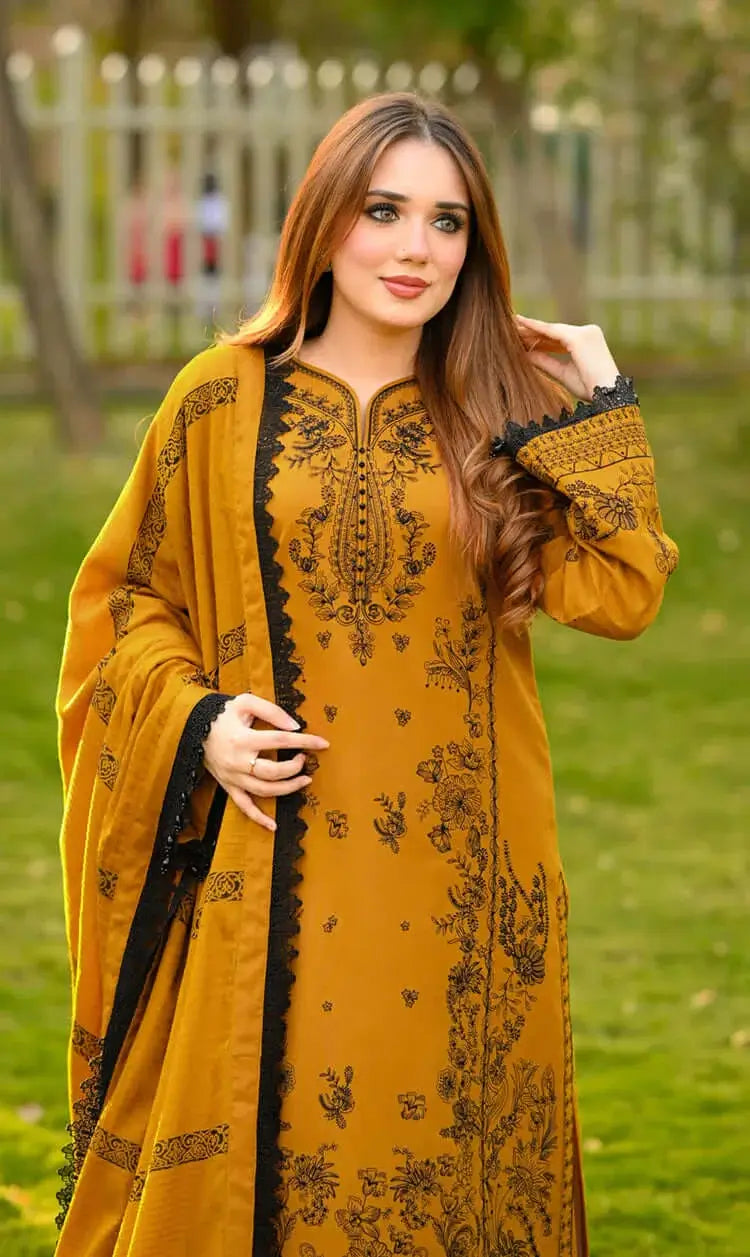 3 Piece Unstitched Heavy Embroidered Lawn Suit with Printed Monaar Slub Dupatta