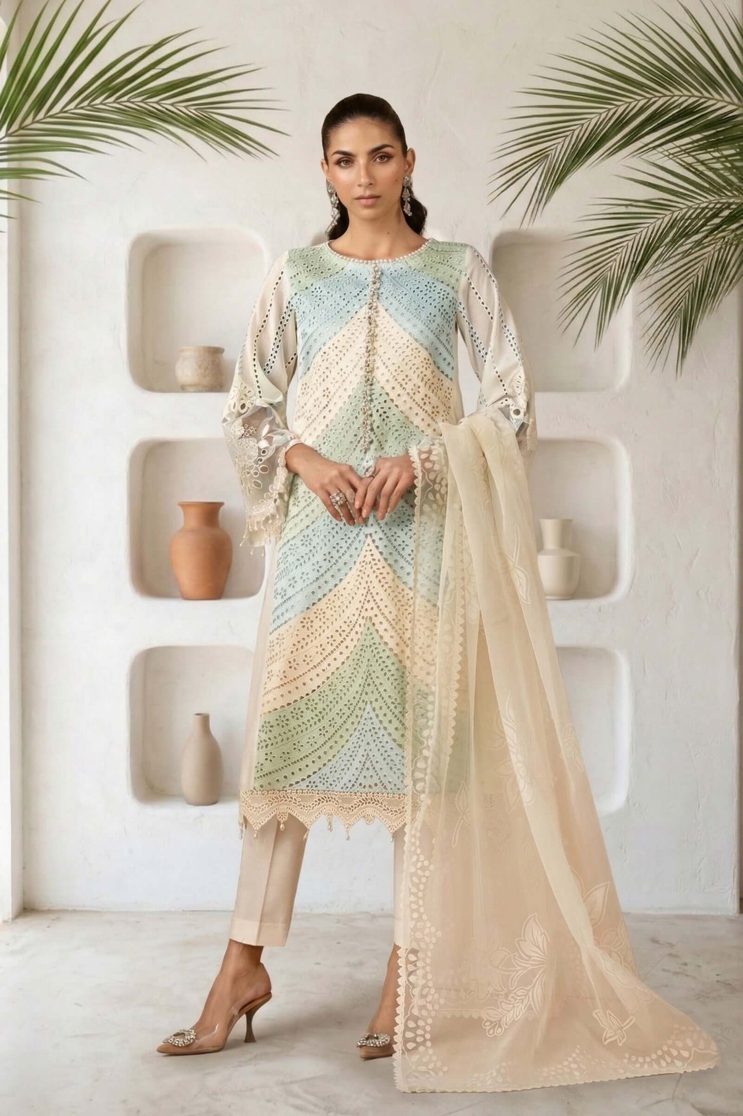 3 Piece Unstitched Heavy Embroidered Chicken Kari Lawn Suit with Ready to Wear Chiffon Dupatta