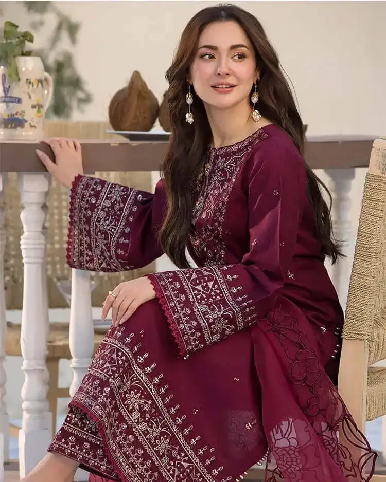 3 Piece Unstitched Heavy Embroidered Lawn Suit with Embroidered Chiffon Dupatta