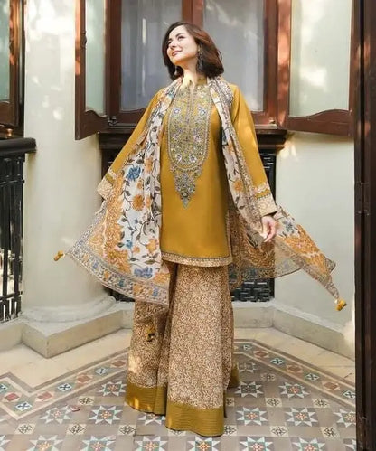 3 Piece Unstitched Heavy Embroidered Lawn Suit with Printed Monaar Slub Dupatta