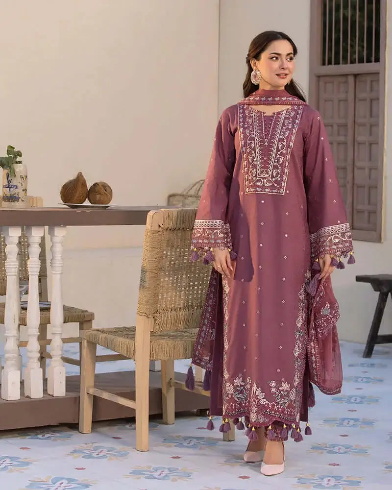 3 Piece Unstitched Heavy Embroidered Lawn Suit with Embroidered Chiffon Dupatta