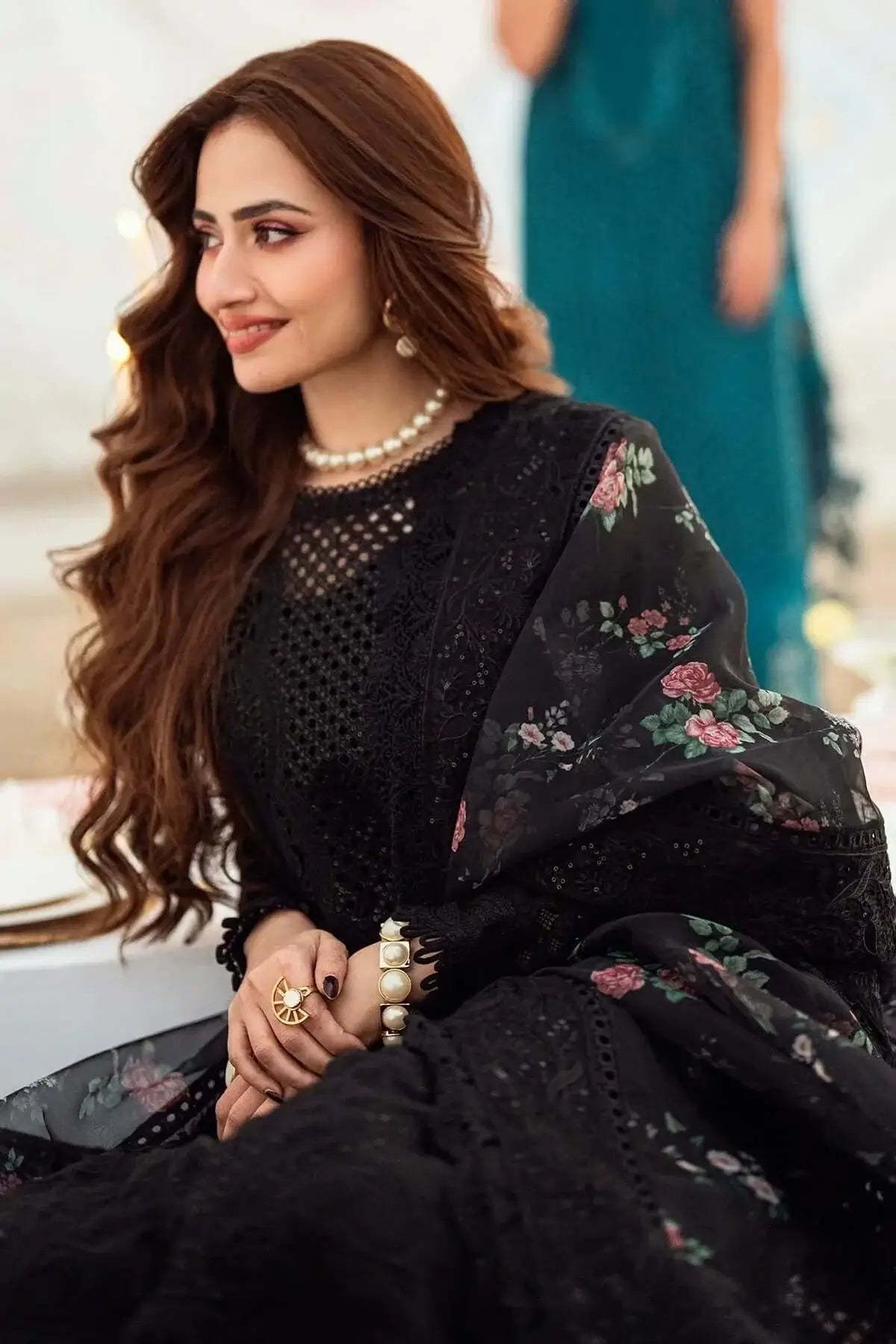 3 Piece Unstitched Heavy Sequenced Embroidered Lawn Suit with Sequenced Embroidered Voil Dupatta