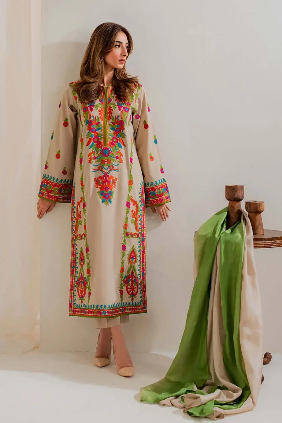 3 Piece Unstitched Heavy Embroidered Lawn Suit with Dyed Chiffon Dupatta