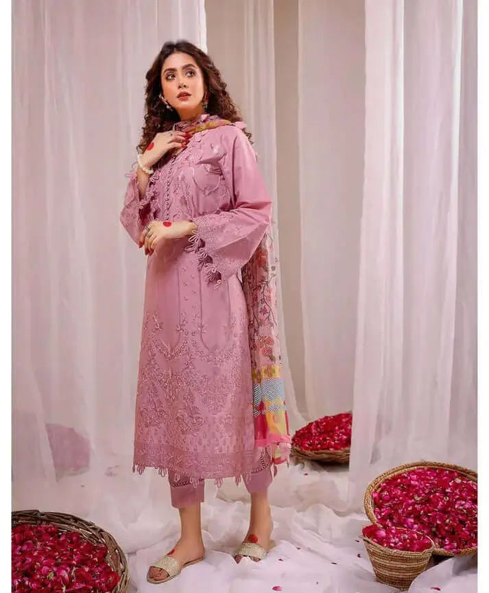 3 Piece Unstitched Heavy Embroidered Lawn Suit with Printed Voil Dupatta