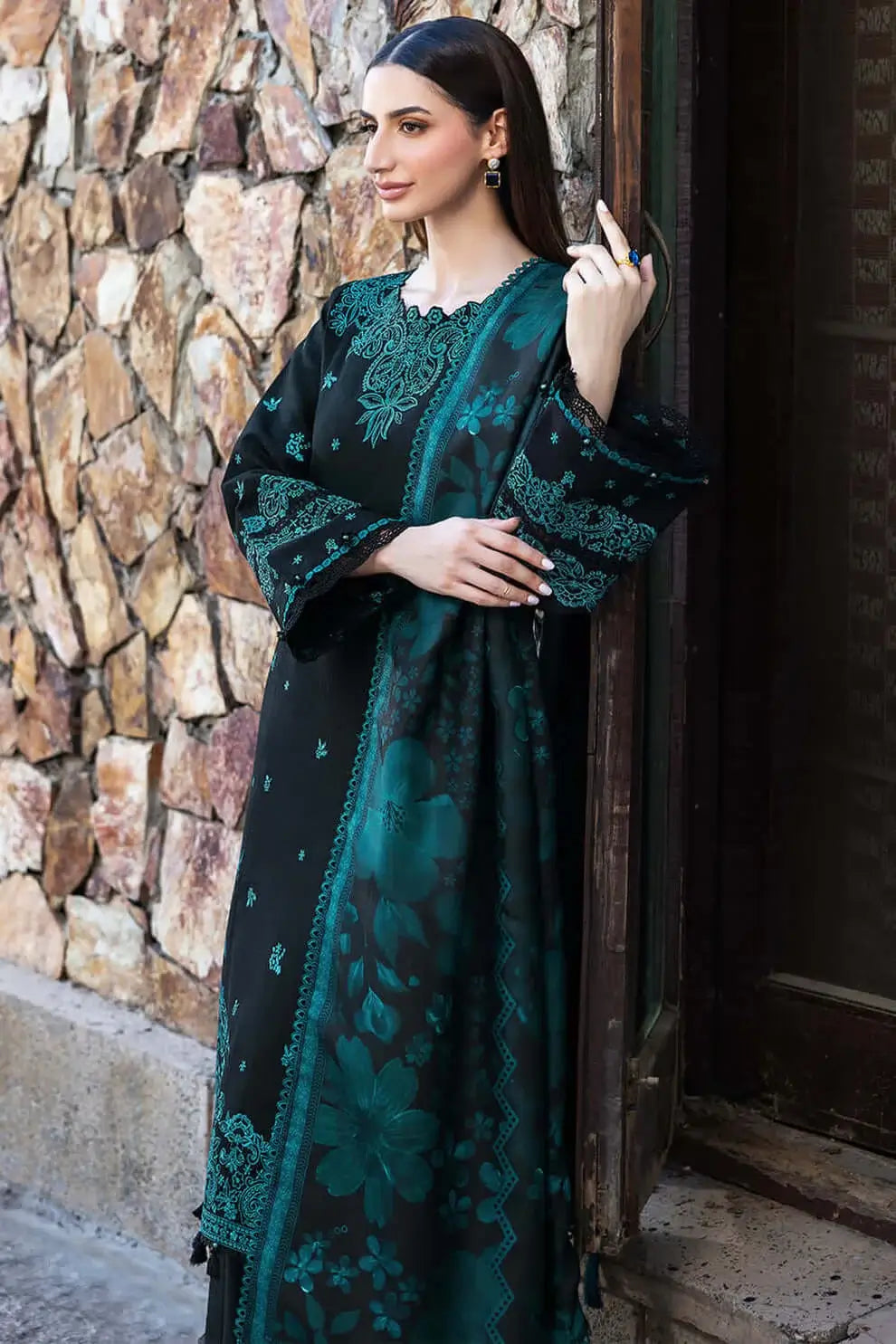 3 Piece Unstitched Heavy Embroidered Lawn Suit with Printed Voil Dupatta