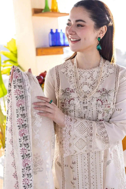 3 Piece Unstitched Heavy Embroidered Chicken Kari Lawn Suit with Printed Khaadi Jacqaurd Dupatta