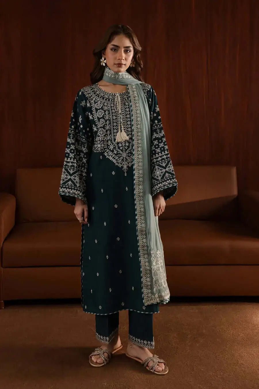 3 Piece Unstitched Heavy Embroidered Lawn Suit with Embroidered Chiffon Dupatta