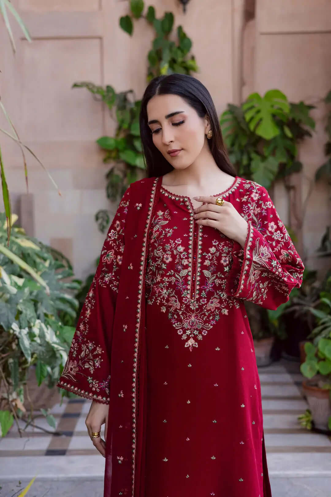 3 Piece Unstitched Heavy Embroidered Lawn Suit with Embroidered Chiffon Dupatta