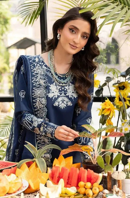 3 Piece Unstitched Heavy Embroidered Lawn Suit with Embroidered Khaadi Net Dupatta