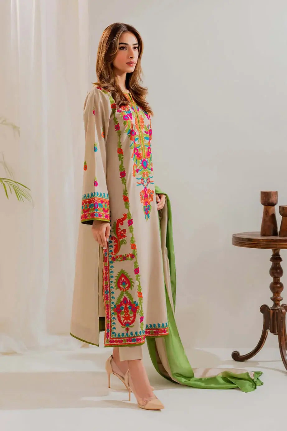 3 Piece Unstitched Heavy Embroidered Lawn Suit with Dyed Chiffon Dupatta