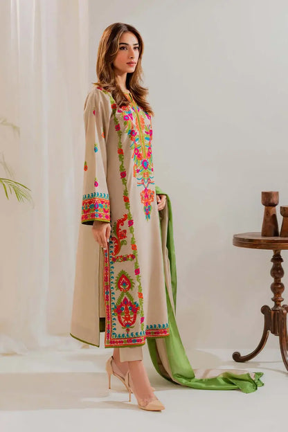 3 Piece Unstitched Heavy Embroidered Lawn Suit with Dyed Chiffon Dupatta