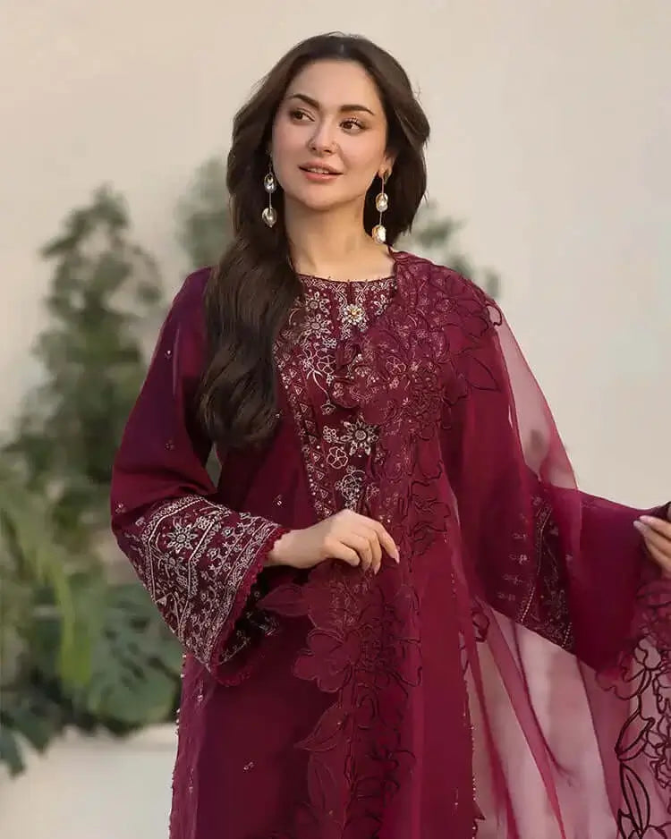 3 Piece Unstitched Heavy Embroidered Lawn Suit with Embroidered Chiffon Dupatta