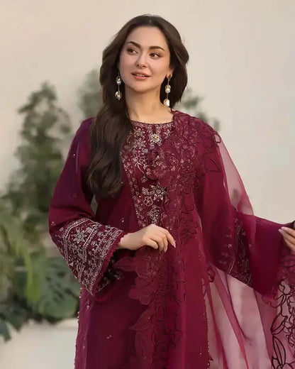 3 Piece Unstitched Heavy Embroidered Lawn Suit with Embroidered Chiffon Dupatta