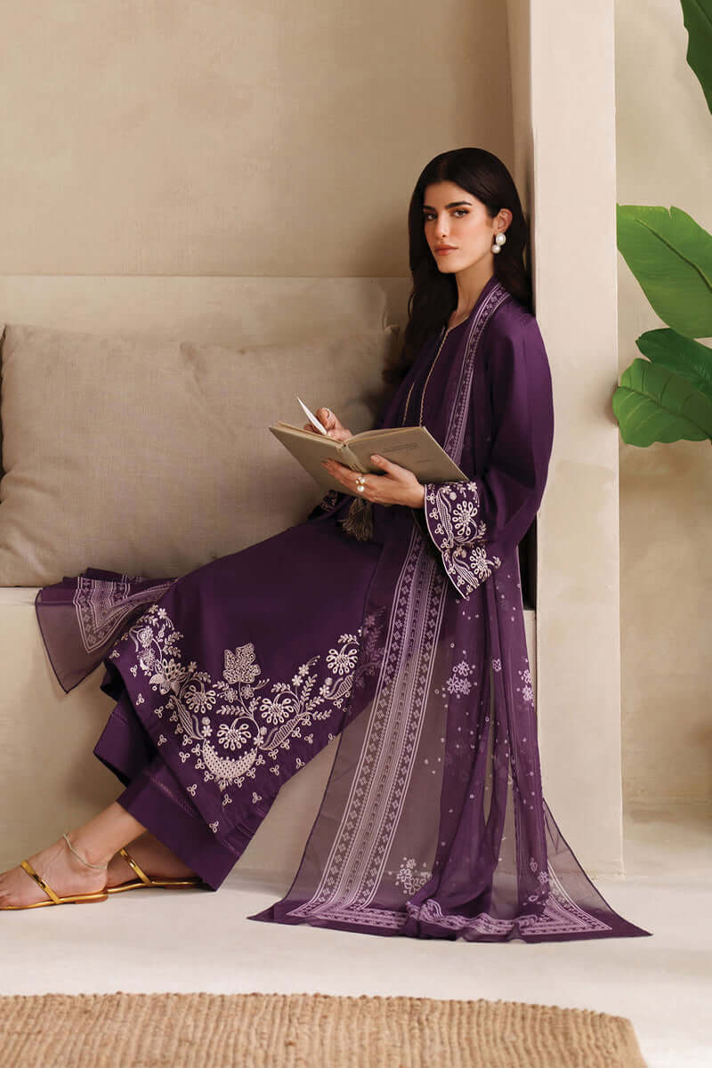 3 Piece Unstitched Heavy Embroidered Lawn Suit with Embroidered Chiffon Dupatta