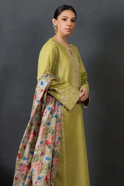 3 Piece Unstitched Embroidered Lawn Suit with Printed Slub Dupatta