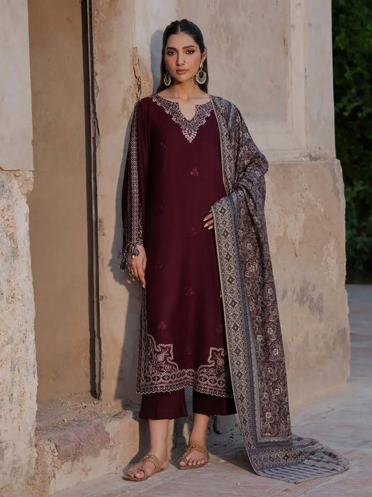 3 Piece Unstitched Heavy Embroidered Lawn Suit with Printed Voil Dupatta