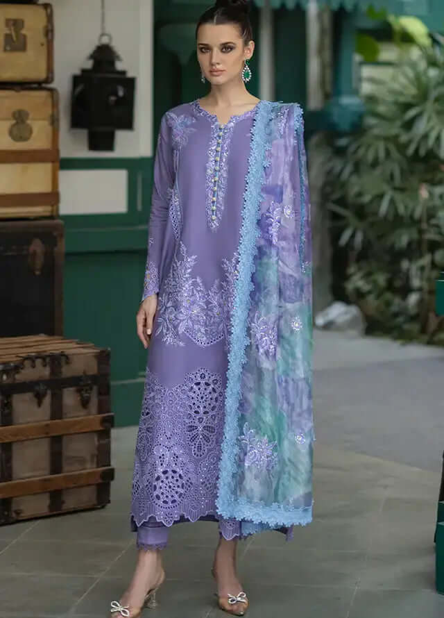 3 Piece Unstitched Heavy Embroidered Chickenkari Lawn Suit with Digital Printed Monaar Slub Dupatta