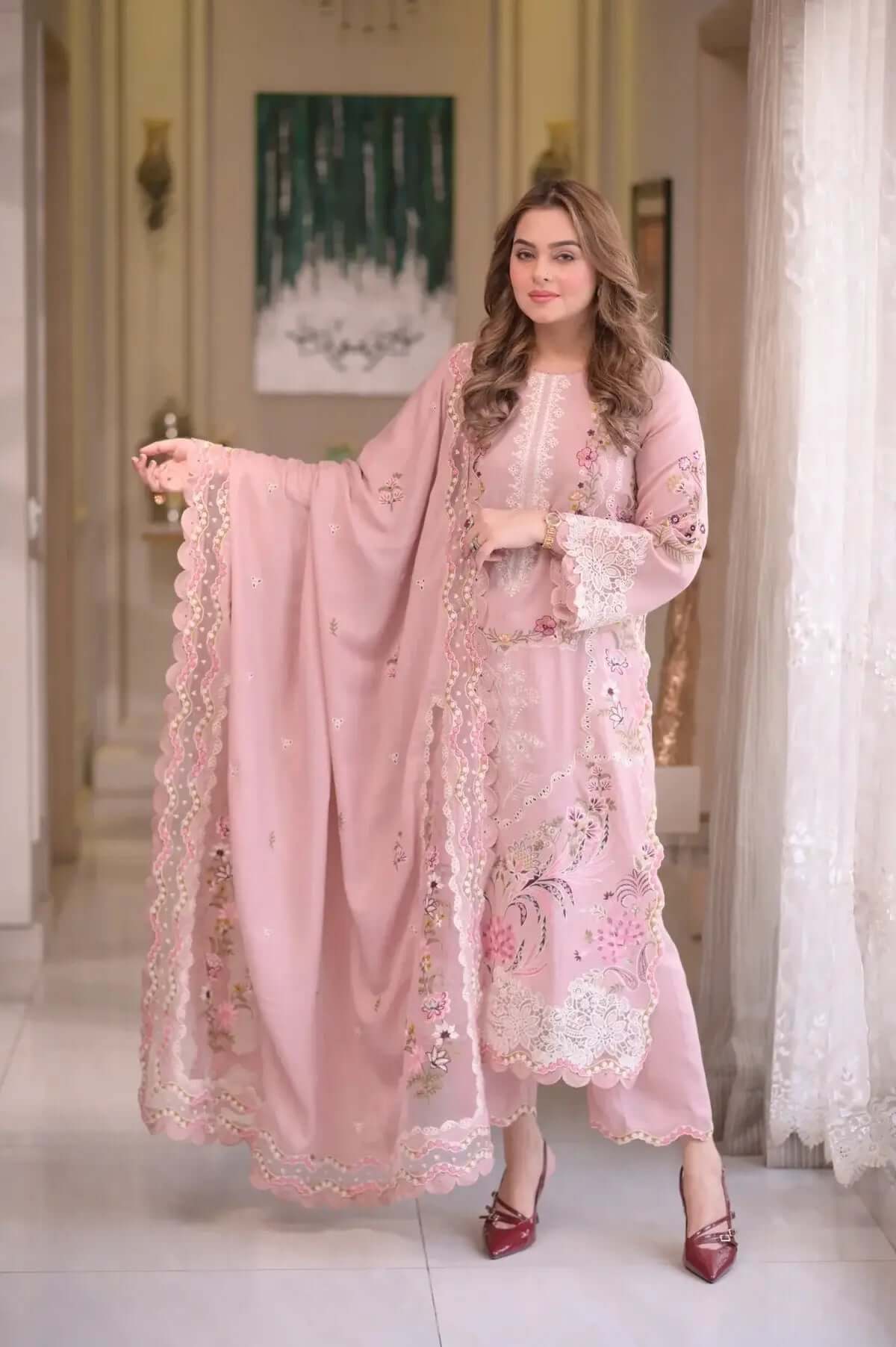 3 Piece Unstitched Heavy Embroidered Lawn Suit with Embroidered Fancy Dupatta