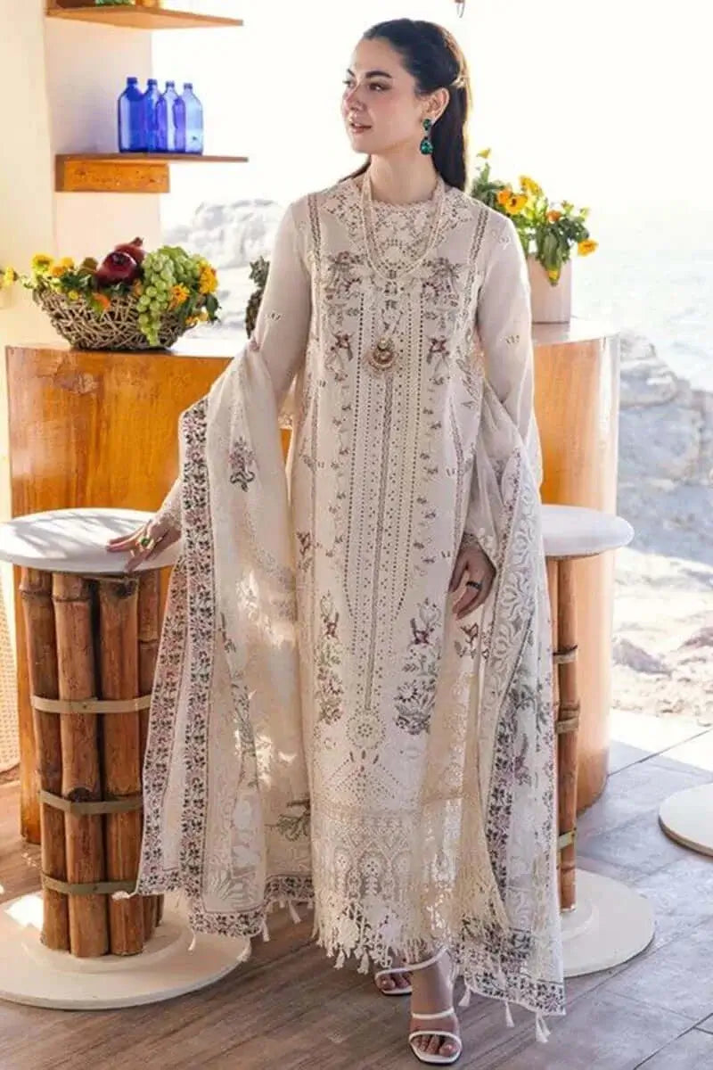 3 Piece Unstitched Heavy Embroidered Chicken Kari Lawn Suit with Printed Khaadi Jacqaurd Dupatta