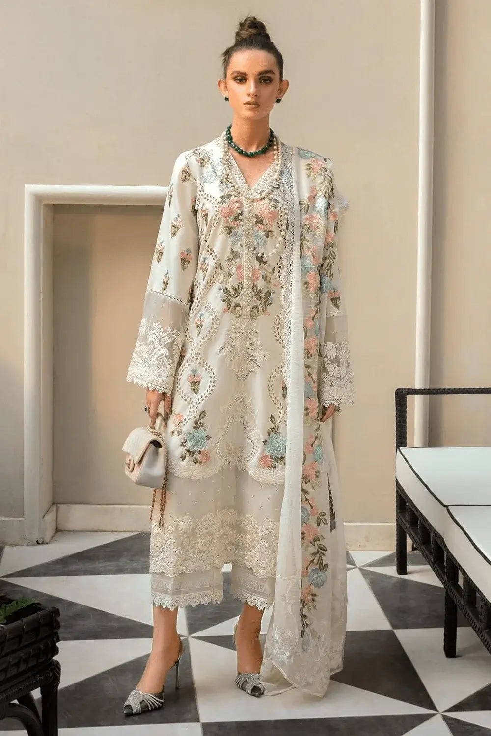 3 Piece Unstitched Heavy Embroidered Chickenkari Lawn Suit with Embroidered Chiffon Dupatta
