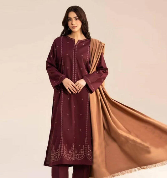 3 Piece Unstitched Heavy Embroidered Lawn Suit with Dyed Chiffon Dupatta