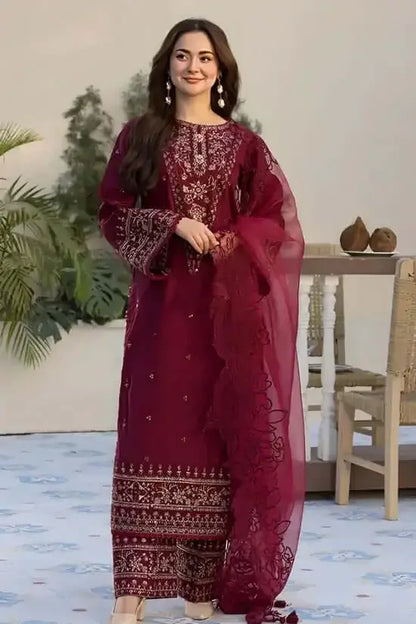 3 Piece Unstitched Heavy Embroidered Lawn Suit with Embroidered Chiffon Dupatta