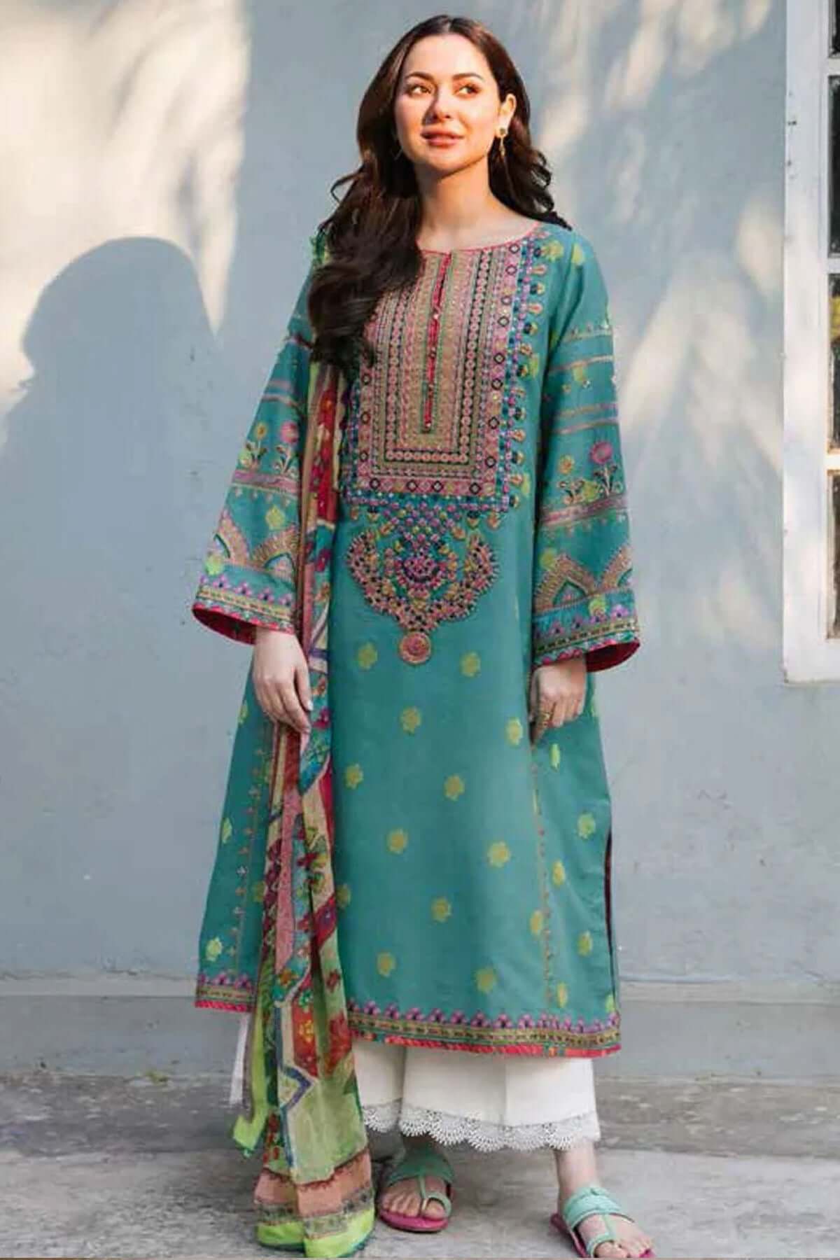 3 Piece Unstitched Heavy Embroidered Lawn Suit with Digital Printed Fancy Voil Dupatta