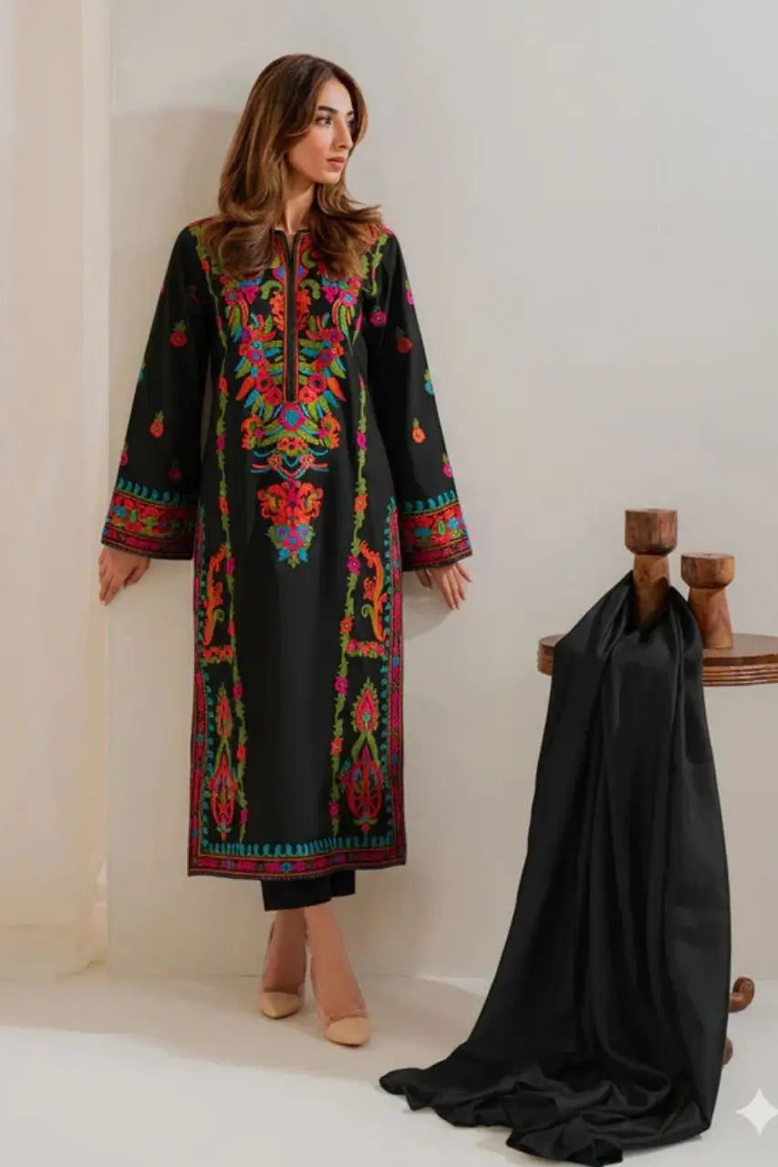 3 Piece Unstitched Heavy Embroidered Lawn Suit with Dyed Chiffon Dupatta