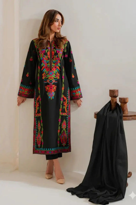 3 Piece Unstitched Heavy Embroidered Lawn Suit with Dyed Chiffon Dupatta