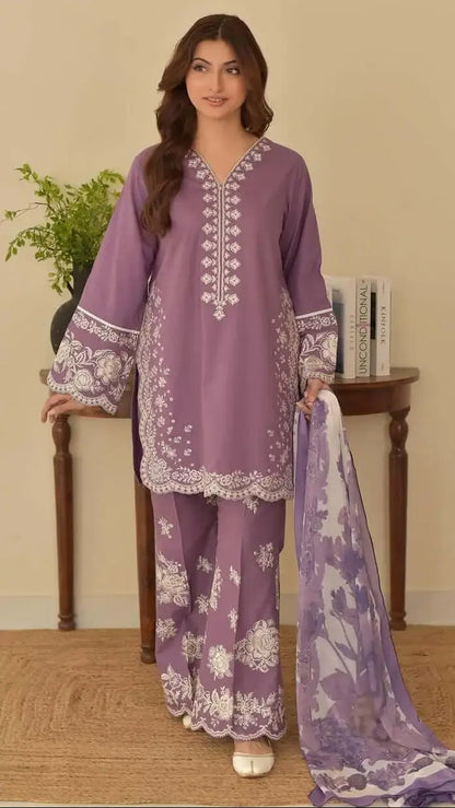 3 Piece Unstitched Heavy Embroidered Lawn Suit with Embroidered Chiffon Dupatta