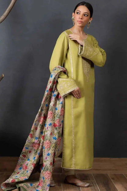 3 Piece Unstitched Embroidered Lawn Suit with Printed Slub Dupatta
