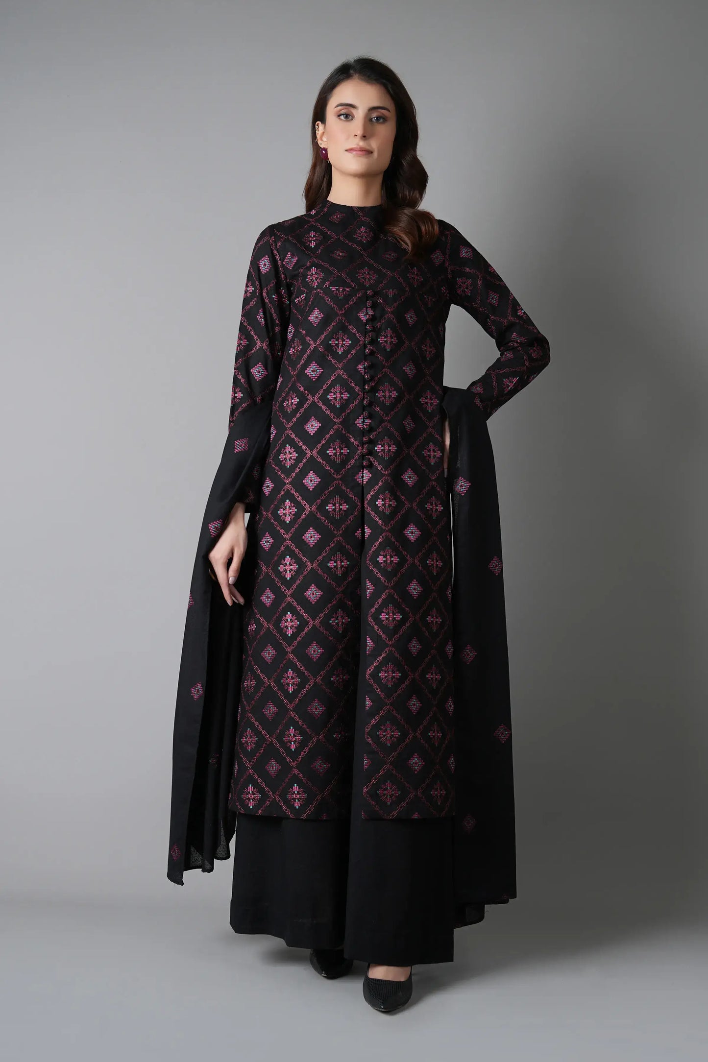 3 Piece Unstitched Heavy Embroidered Lawn Suit with Embroidered Chiffon Dupatta
