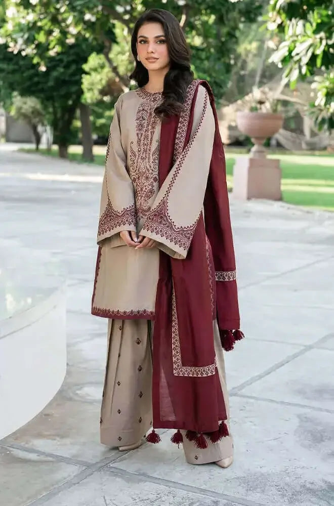 3 Piece Unstitched Heavy Embroidered Lawn Suit with Printed Voil Dupatta