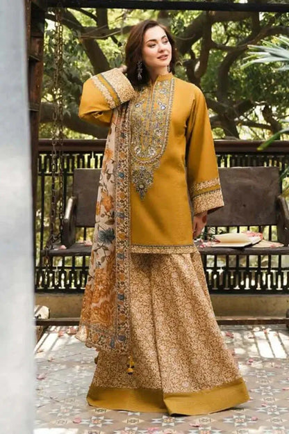 3 Piece Unstitched Heavy Embroidered Lawn Suit with Printed Monaar Slub Dupatta