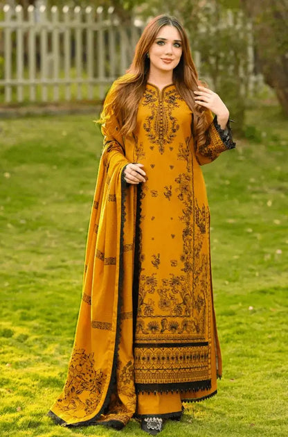 3 Piece Unstitched Heavy Embroidered Lawn Suit with Printed Monaar Slub Dupatta