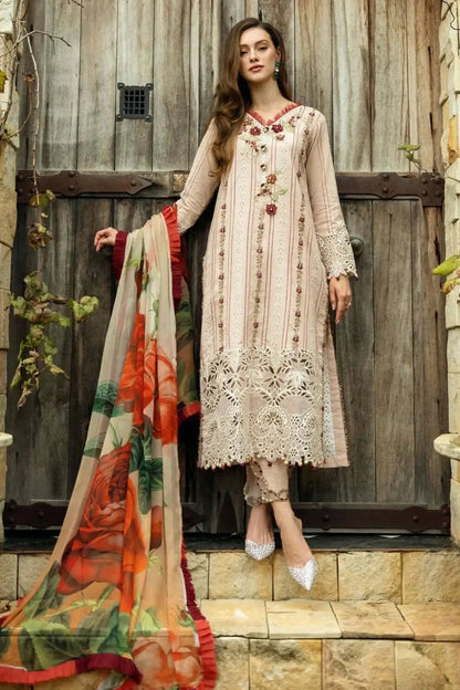 3 Piece Unstitched Heavy Chicken Kari Embroidered Lawn Suit with Printed Silk Dupatta