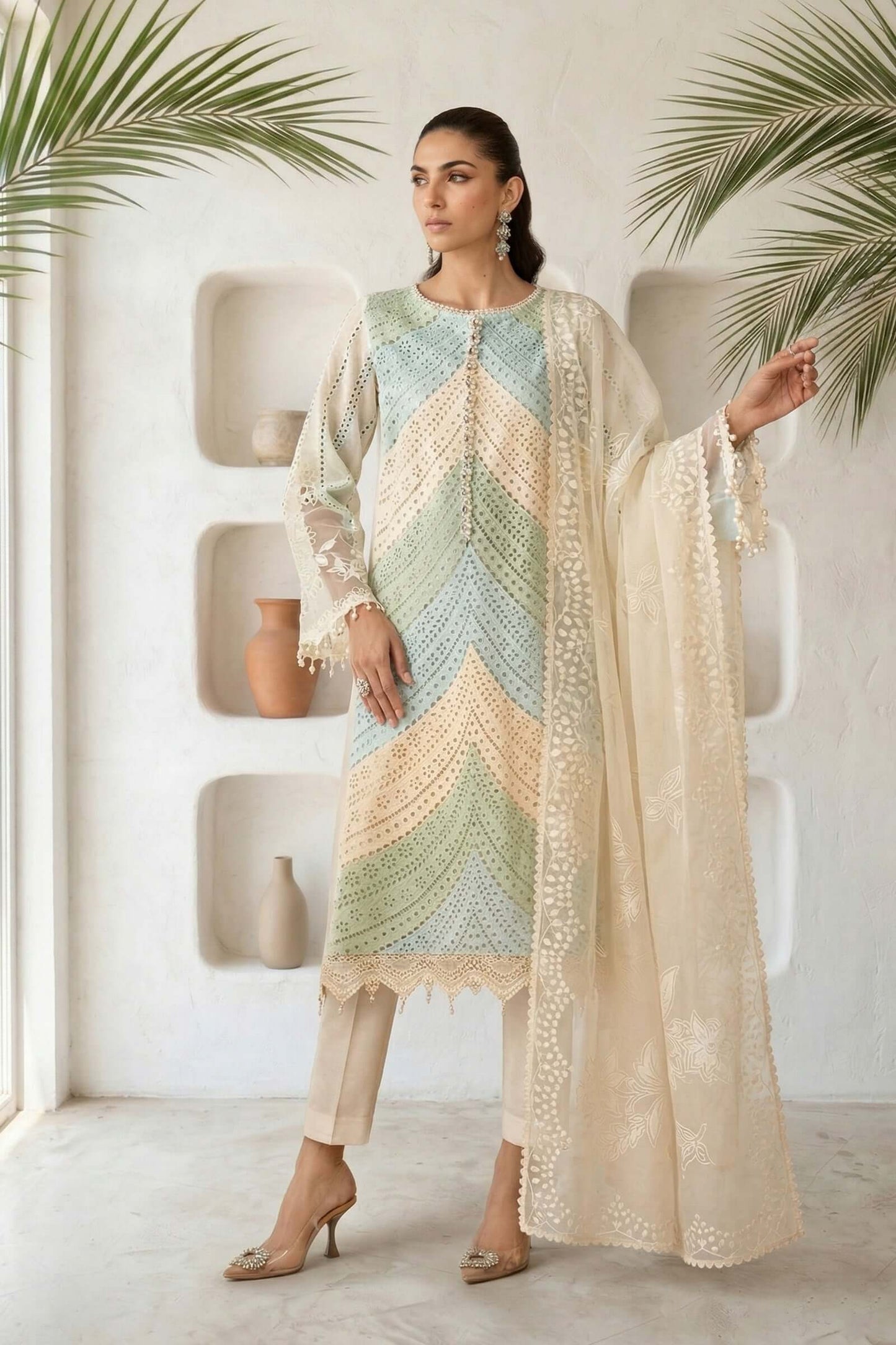3 Piece Unstitched Heavy Embroidered Chicken Kari Lawn Suit with Ready to Wear Chiffon Dupatta