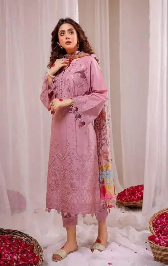3 Piece Unstitched Heavy Embroidered Lawn Suit with Printed Voil Dupatta
