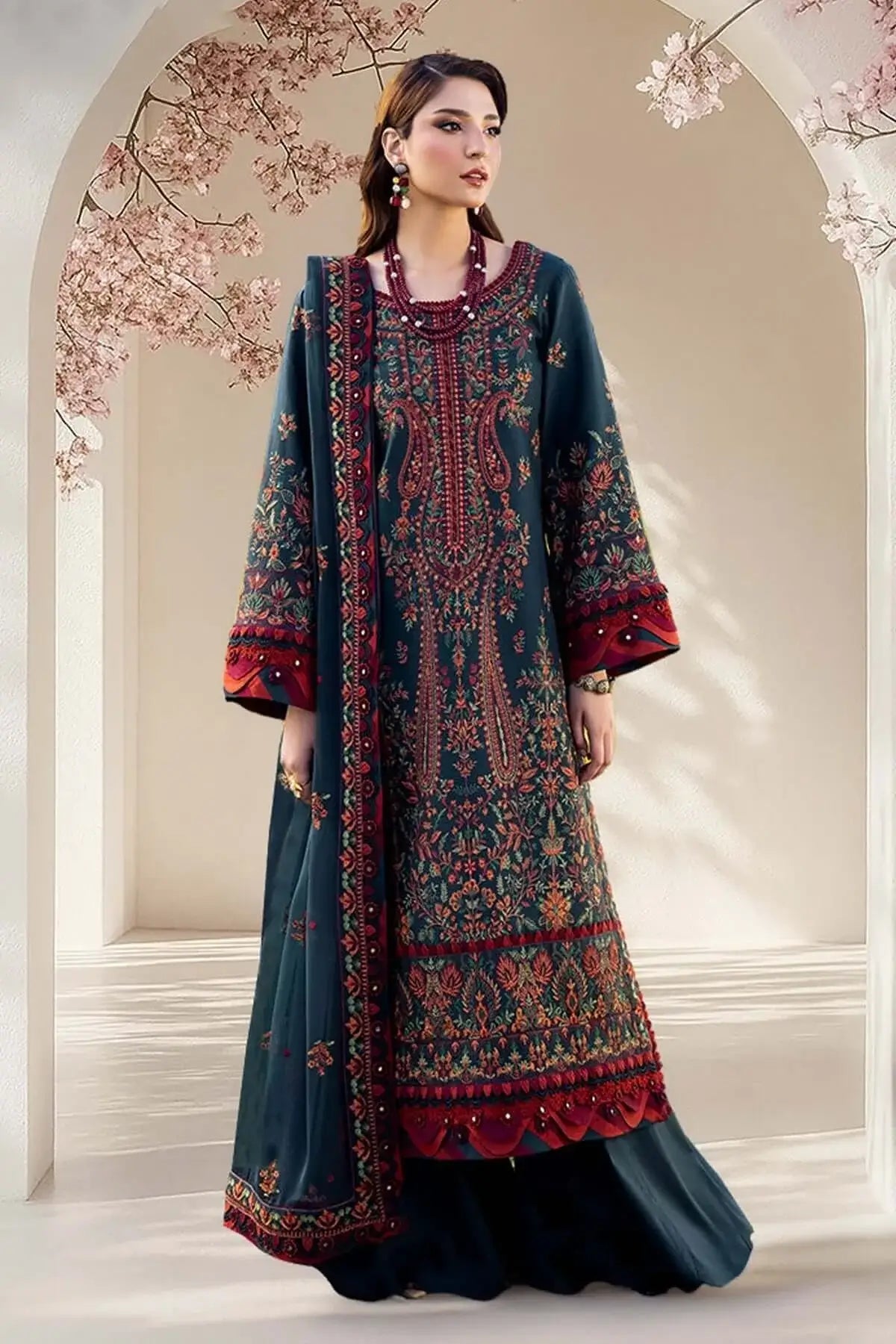 3 Piece Unstitched Heavy Embroidered Lawn Suit with Embroidered Chiffon Dupatta