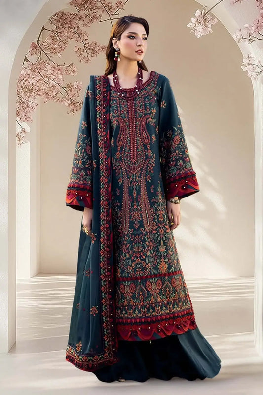 3 Piece Unstitched Heavy Embroidered Lawn Suit with Embroidered Chiffon Dupatta