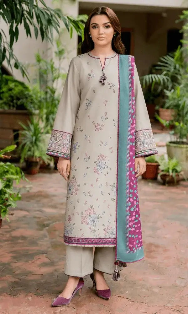 3 Piece Unstitched Heavy Embroidered Lawn Suit with Printed Slub Dupatta