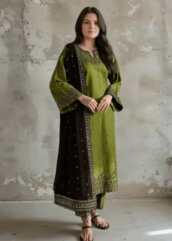 3 Piece Unstitched Heavy Sequenced Embroidered Lawn Suit with Sequenced Embroidered Chiffon Dupatta
