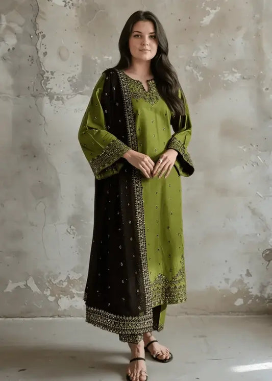 3 Piece Unstitched Heavy Sequenced Embroidered Lawn Suit with Sequenced Embroidered Chiffon Dupatta