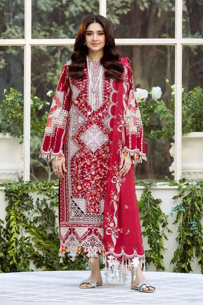 3 Piece Unstitched Heavy Embroidered Lawn Suit with Embroidered Bamber Chiffon Dupatta