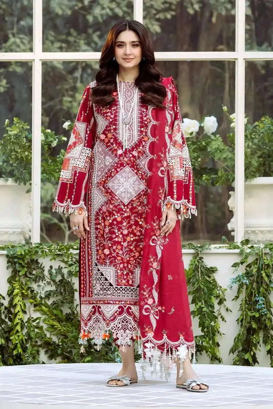 3 Piece Unstitched Heavy Embroidered Lawn Suit with Embroidered Bamber Chiffon Dupatta