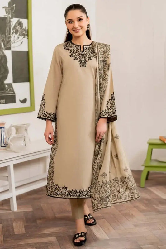 3 Piece Unstitched Heavy Embroidered Lawn Suit with Printed Monaar Slub Dupatta